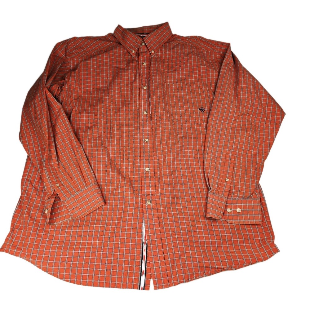 Ariat Pro Series Plaid Shirt Mens XL Orange Mesh Back Long Sleeve Western
